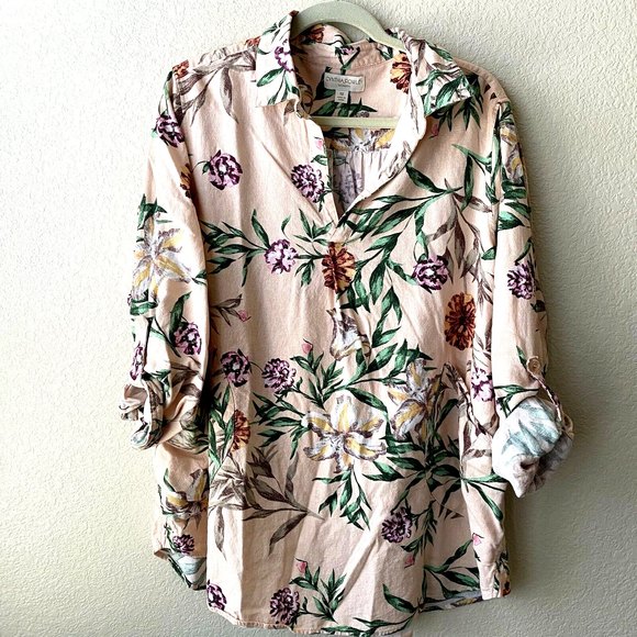 Cynthia Rowley Tops - Cynthia Rowley Womens Linen Blend Roll Tab Sleeve Henley Shirt Top Size 1X